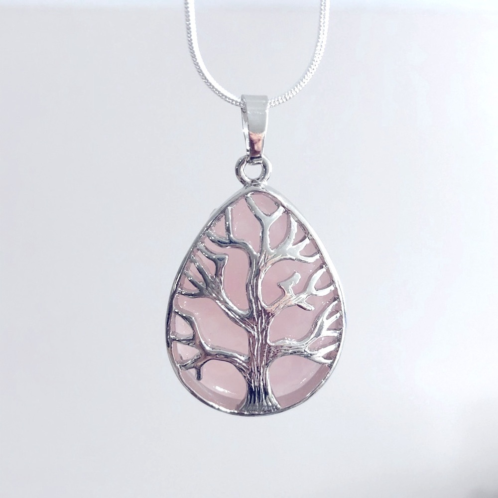 Rose Quartz Tree of Life Pendant Necklace Gemstone Jewelry